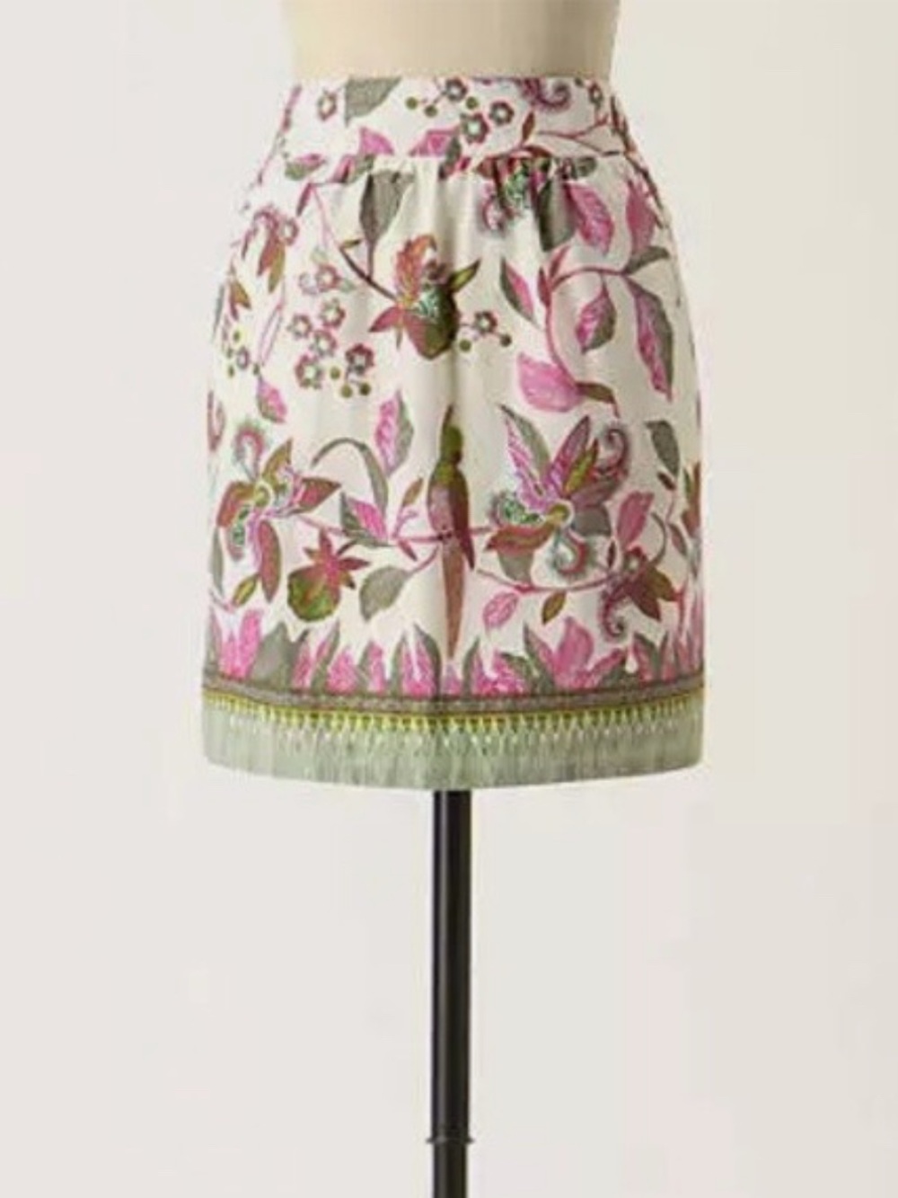 White Mini Skirt with Pink & Green Floral Print 100% cotton Anthropologie